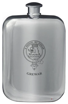 Grewar Family Crest Design Pocket Hip Flask 6oz Rounded Polished Pewter