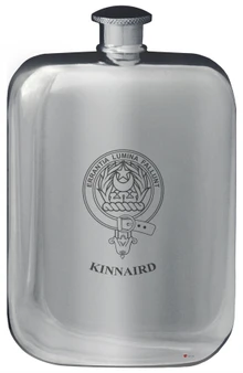 Kinnaird Family Crest Design Pocket Hip Flask 6oz Rounded Polished Pewter