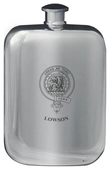 Lowson Family Crest Design Pocket Hip Flask 6oz Rounded Polished Pewter