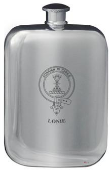 Lonie Family Crest Design Pocket Hip Flask 6oz Rounded Polished Pewter