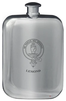 Lemond Family Crest Design Pocket Hip Flask 6oz Rounded Polished Pewter