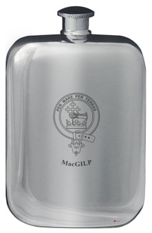 MacGilp Family Crest Design Pocket Hip Flask 6oz Rounded Polished Pewter