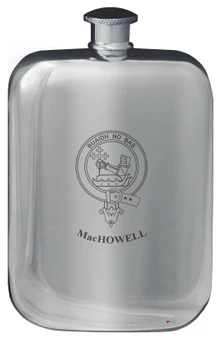 MacHowell Family Crest Design Pocket Hip Flask 6oz Rounded Polished Pewter