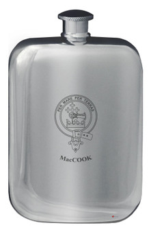 MacCook Family Crest Design Pocket Hip Flask 6oz Rounded Polished Pewter