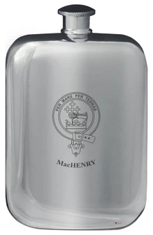 MacHenry Family Crest Design Pocket Hip Flask 6oz Rounded Polished Pewter