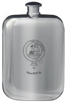 MacIock Family Crest Design Pocket Hip Flask 6oz Rounded Polished Pewter