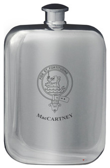 MacCartney Family Crest Design Pocket Hip Flask 6oz Rounded Polished Pewter