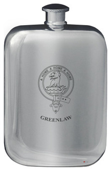 Greenlaw Family Crest Design Pocket Hip Flask 6oz Rounded Polished Pewter