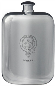 MacLea Family Crest Design Pocket Hip Flask 6oz Rounded Polished Pewter