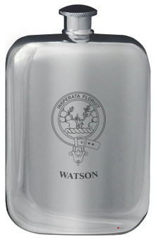 Watson Family Crest Design Pocket Hip Flask 6oz Rounded Polished Pewter