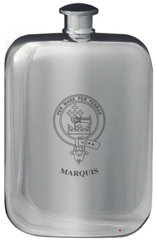 Marquis Family Crest Design Pocket Hip Flask 6oz Rounded Polished Pewter