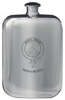 Monypenny Family Crest Design Pocket Hip Flask 6oz Rounded Polished Pewter