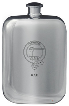 Rae Family Crest Design Pocket Hip Flask 6oz Rounded Polished Pewter