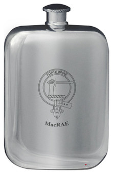 MacRae Family Crest Design Pocket Hip Flask 6oz Rounded Polished Pewter
