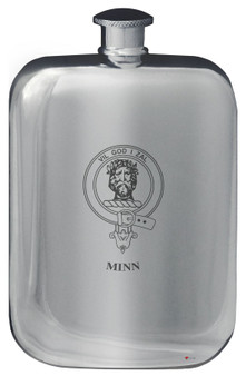 Minn Family Crest Design Pocket Hip Flask 6oz Rounded Polished Pewter
