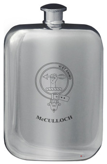 McCulloch Family Crest Design Pocket Hip Flask 6oz Rounded Polished Pewter