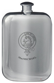 MacMichael Family Crest Design Pocket Hip Flask 6oz Rounded Polished Pewter
