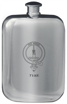 Tyre Family Crest Design Pocket Hip Flask 6oz Rounded Polished Pewter