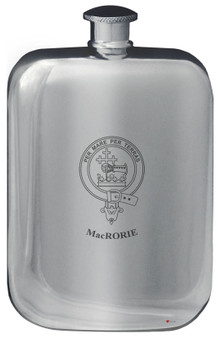 MacRorie Family Crest Design Pocket Hip Flask 6oz Rounded Polished Pewter