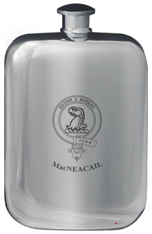 MacNeacail Family Crest Design Pocket Hip Flask 6oz Rounded Polished Pewter