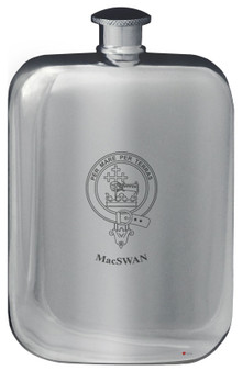 MacSwan Family Crest Design Pocket Hip Flask 6oz Rounded Polished Pewter