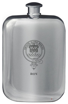 Roy Family Crest Design Pocket Hip Flask 6oz Rounded Polished Pewter