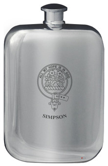 Simpson Family Crest Design Pocket Hip Flask 6oz Rounded Polished Pewter