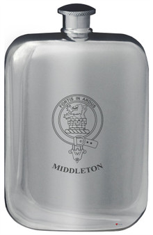 Middleton Family Crest Design Pocket Hip Flask 6oz Rounded Polished Pewter