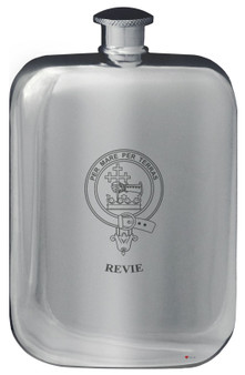 Revie Family Crest Design Pocket Hip Flask 6oz Rounded Polished Pewter