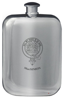 MacSimon Family Crest Design Pocket Hip Flask 6oz Rounded Polished Pewter
