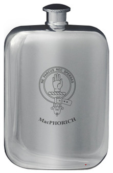 MacPhorich Family Crest Design Pocket Hip Flask 6oz Rounded Polished Pewter
