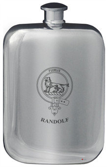 Randolf Family Crest Design Pocket Hip Flask 6oz Rounded Polished Pewter