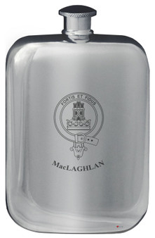 MacLaghlan Family Crest Design Pocket Hip Flask 6oz Rounded Polished Pewter