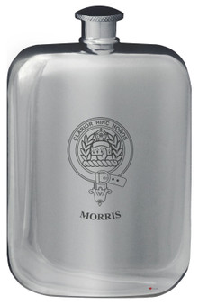 Morris Family Crest Design Pocket Hip Flask 6oz Rounded Polished Pewter