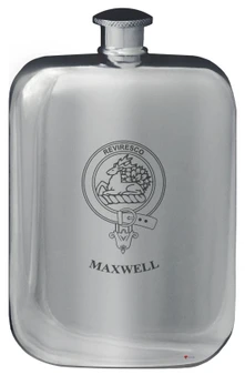 Maxwell Family Crest Design Pocket Hip Flask 6oz Rounded Polished Pewter
