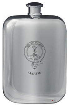 Martin Family Crest Design Pocket Hip Flask 6oz Rounded Polished Pewter