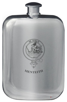 Menteith Family Crest Design Pocket Hip Flask 6oz Rounded Polished Pewter