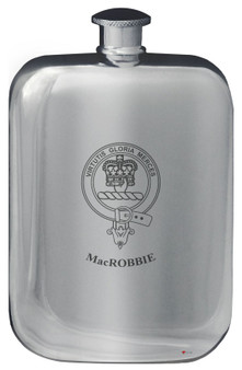 MacRobbie Family Crest Design Pocket Hip Flask 6oz Rounded Polished Pewter