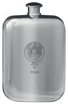 Yule Family Crest Design Pocket Hip Flask 6oz Rounded Polished Pewter