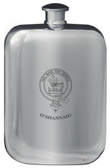 OShannaig Family Crest Design Pocket Hip Flask 6oz Rounded Polished Pewter