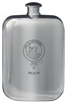 Riach Family Crest Design Pocket Hip Flask 6oz Rounded Polished Pewter
