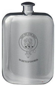Whitefoord Family Crest Design Pocket Hip Flask 6oz Rounded Polished Pewter