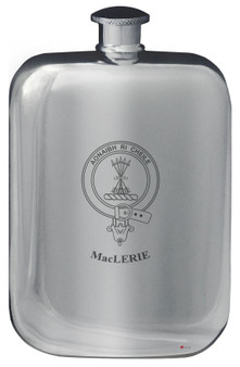 MacLerie Family Crest Design Pocket Hip Flask 6oz Rounded Polished Pewter