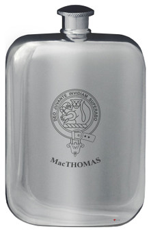 MacThomas Family Crest Design Pocket Hip Flask 6oz Rounded Polished Pewter