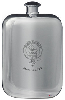 MacLeverty Family Crest Design Pocket Hip Flask 6oz Rounded Polished Pewter