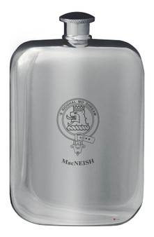 MacNeish Family Crest Design Pocket Hip Flask 6oz Rounded Polished Pewter