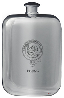 Young Family Crest Design Pocket Hip Flask 6oz Rounded Polished Pewter