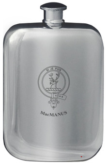 MacManus Family Crest Design Pocket Hip Flask 6oz Rounded Polished Pewter
