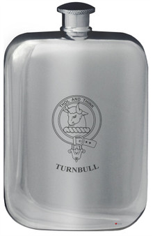 Turnbull Family Crest Design Pocket Hip Flask 6oz Rounded Polished Pewter