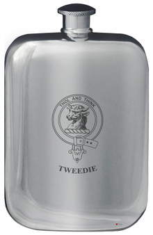 Tweedie Family Crest Design Pocket Hip Flask 6oz Rounded Polished Pewter